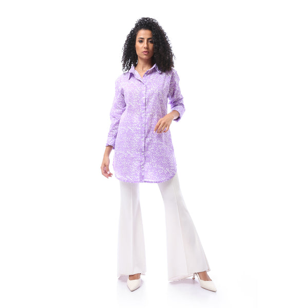 Patterned Trees  Buttoned Closure Blouse -Lavender