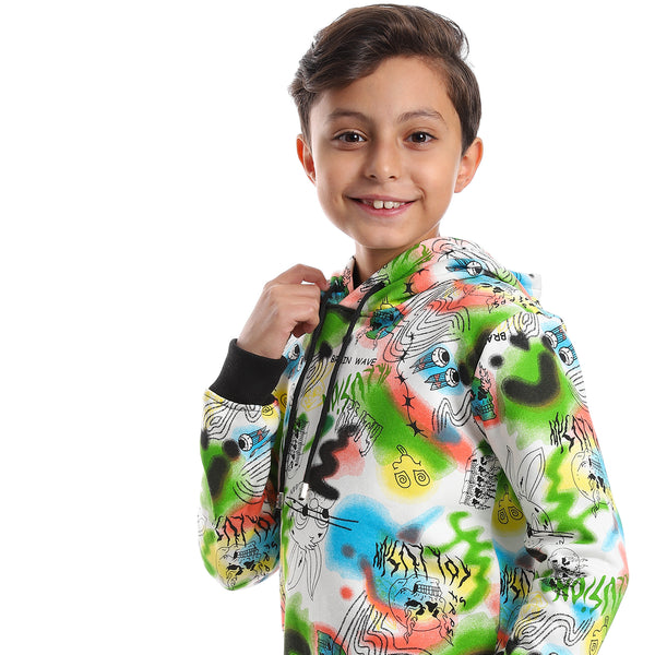 Self Pattern Long Sleeves Boys Hoodie - White, Lime Green & Turquoise