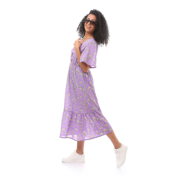 Elastic Waist Floral Summer Dress -Purple