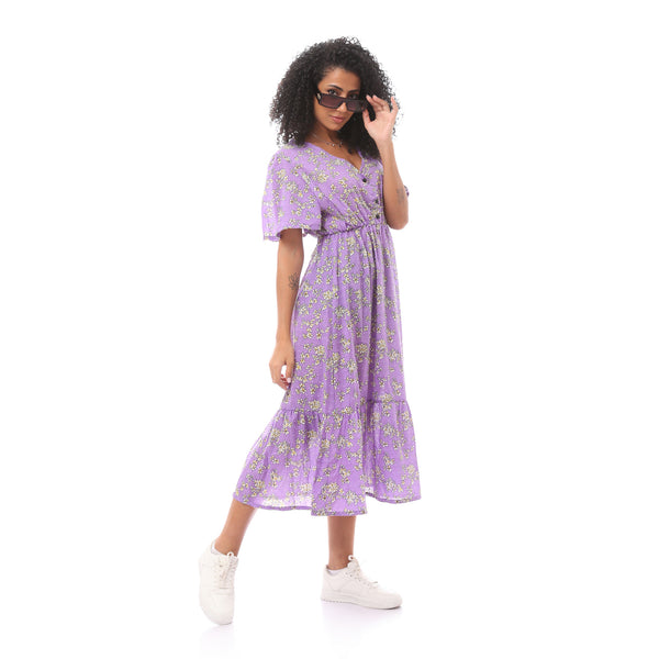 Elastic Waist Floral Summer Dress -Purple