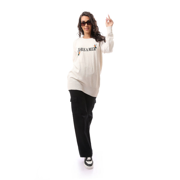 Loose Fit Slip On Off White Printed Pullover