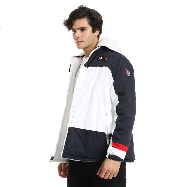 Hooded Double Face Waterproof Jacket - White & Navy Blue