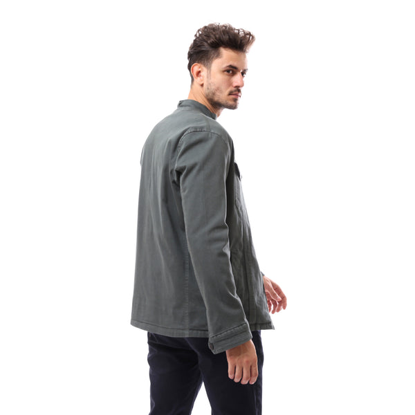 Polyester Olive Green Buttoned Jacket With Pockets