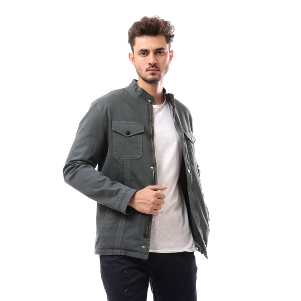 Polyester Olive Green Buttoned Jacket With Pockets