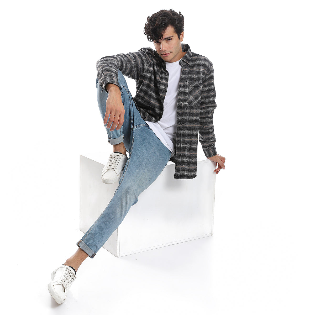 Plaids Black, Grey & Camel Button Down Shirt Andora