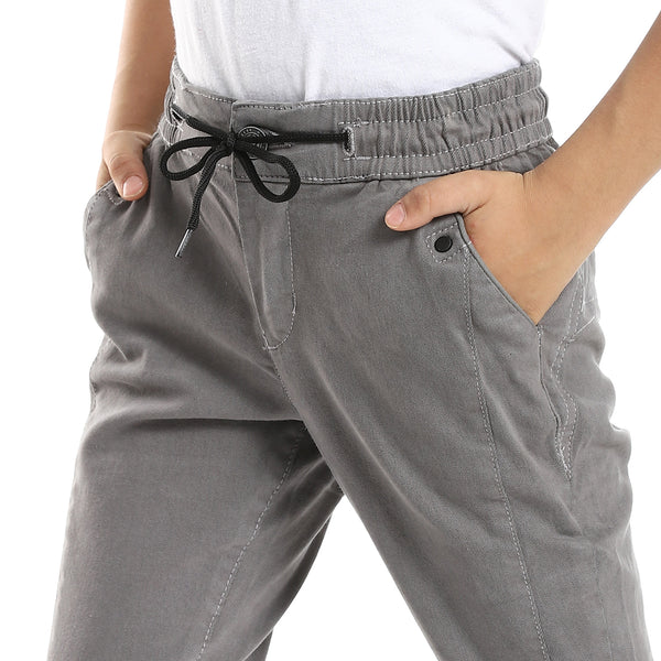 Stitched Details Elastic Waist With Drawstring Boys Pants - Grey
