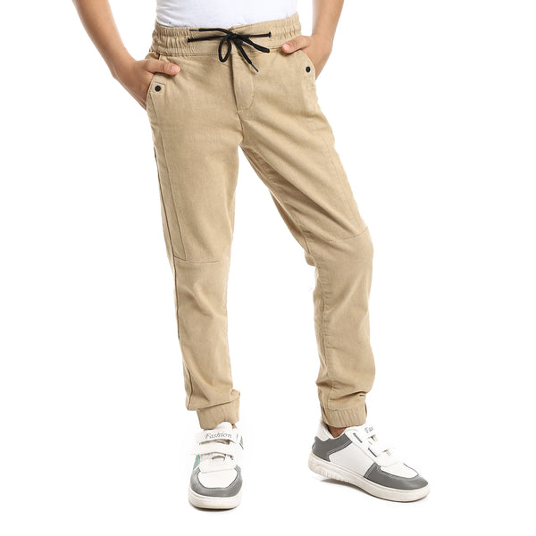 Stitched Details Elastic Waist With Drawstring Boys Pants - Beige