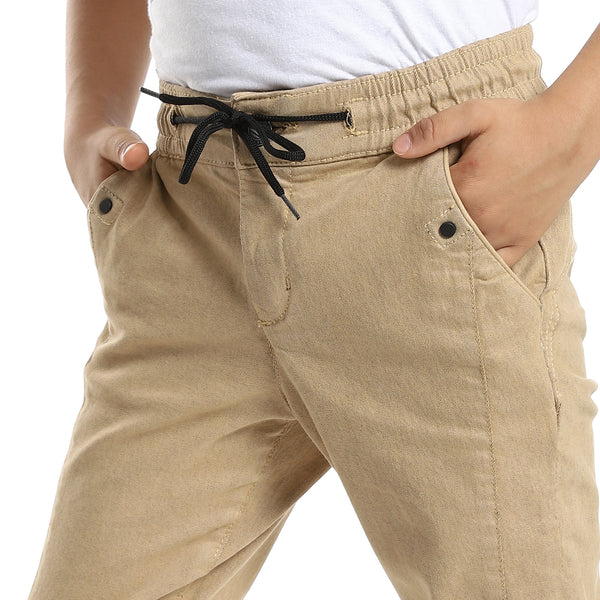 Stitched Details Elastic Waist With Drawstring Boys Pants - Beige