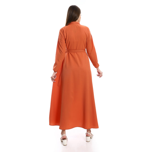 Turn Down Collar Plain Buttoned Chest Dress - Orange