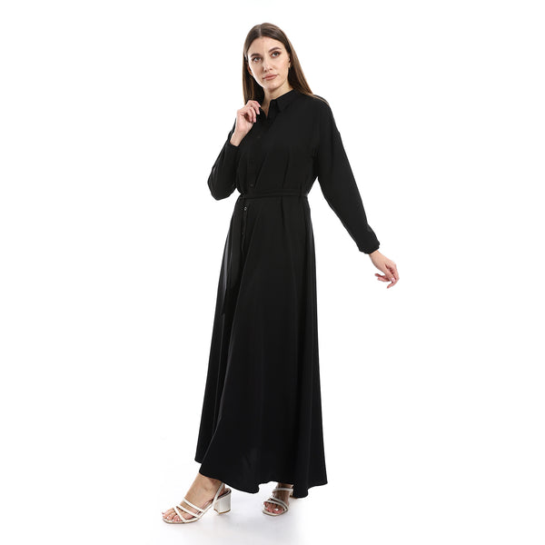 Ankle Length Plain Black Dress With Long Sleeves