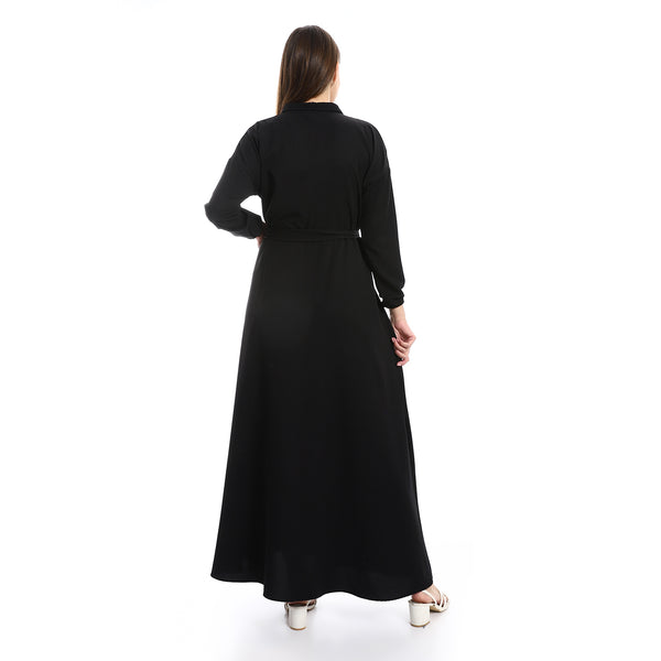Ankle Length Plain Black Dress With Long Sleeves