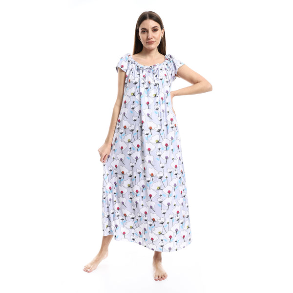 Light Grey, Red & White Cap Sleeves Floral Nightgown