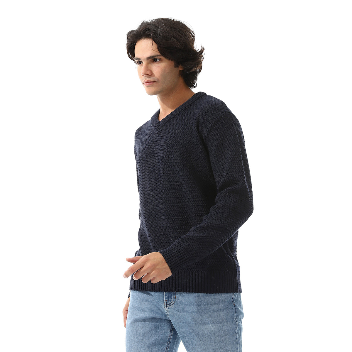 V-Neck Knitted Long Sleeves Pullover Navy Blue