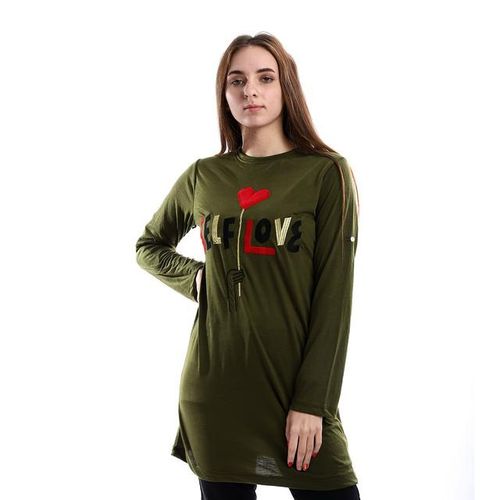 Embroidered " Self Love" Long Tee - Olive