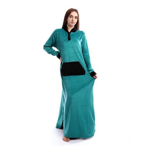 Hooded Buttoned Neck Velvet Nightgown - Teal Green