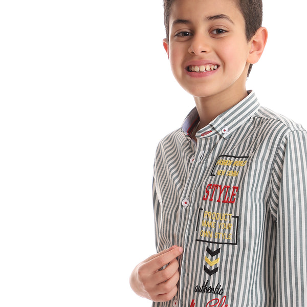 Striped Boys Shirt With Side Stitched Patch - Grey & White