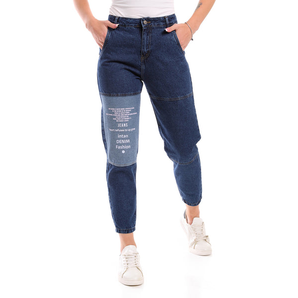 Standard Dark Blue Front Printed Casual Mom Fit Jeans
