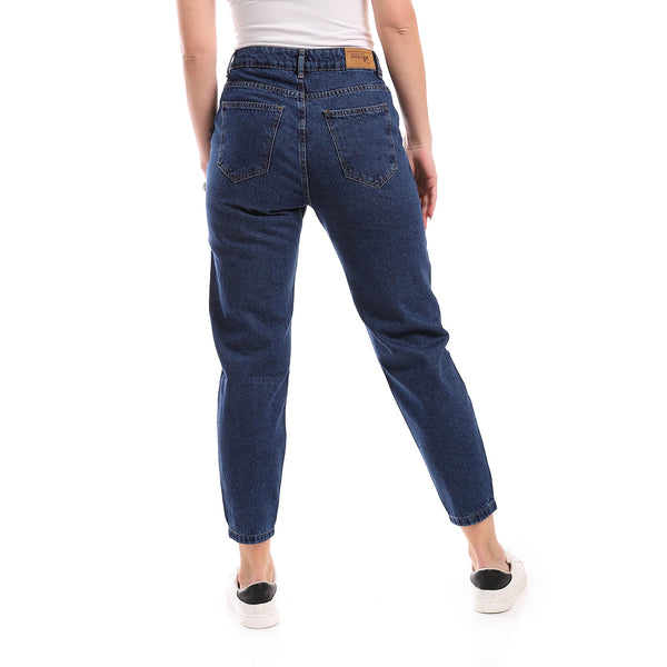 Standard Dark Blue Front Printed Casual Mom Fit Jeans