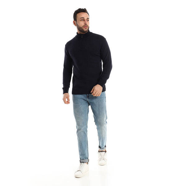 Hips Length Knitted Zipper Closure Navy Blue Sweater