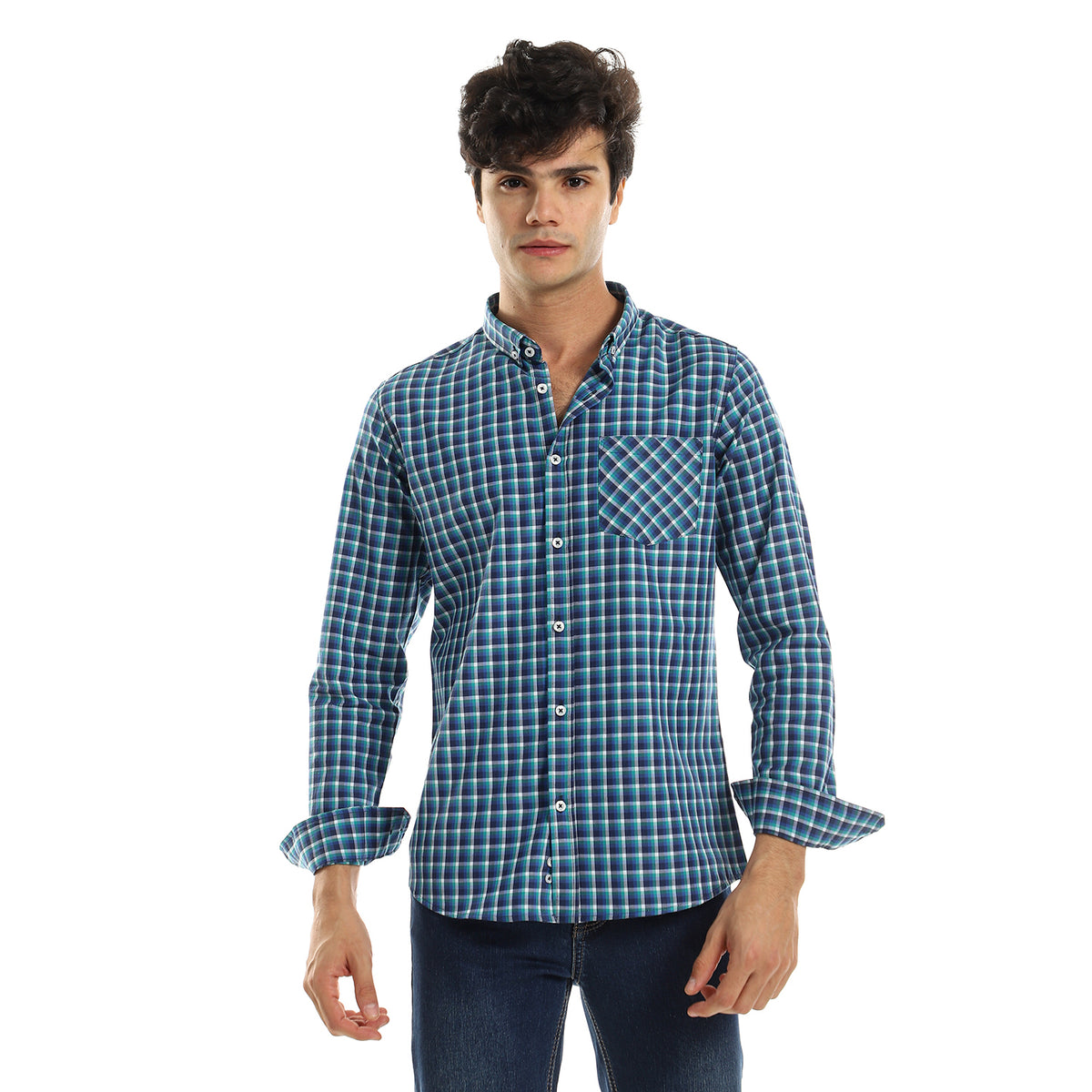 Regular Fit Long Sleeve Shirt - Blue & Green Umbrellas