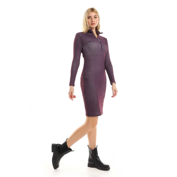 Heather Patterned Midi Dress With Long Sleeves - Purple & Black