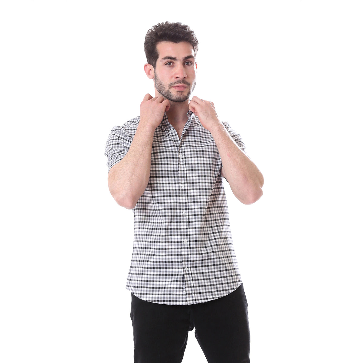 Casual_Plaids_Short_Sleeves_Buttoned_Dark_Grey_&_Black_Shirt Andora