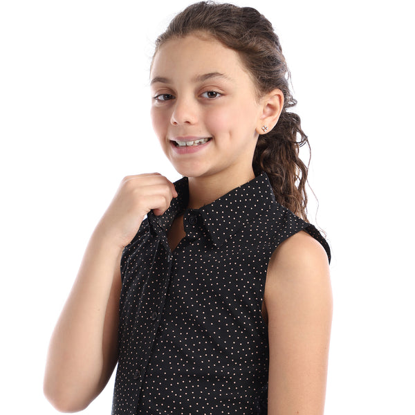 Girls Sleeveless Tiny Dotts Pattern Shirt - Black