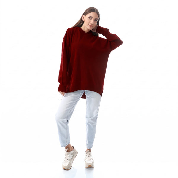 Wind Red High-Low Knitted Hoodie