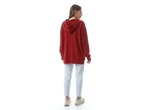Wind Red High-Low Knitted Hoodie