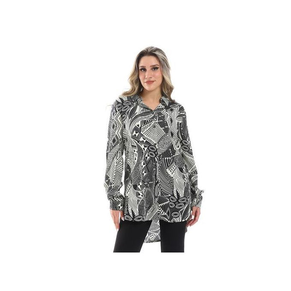 Self Patterned Long Sleeves Long Shirt - Black & Off-White