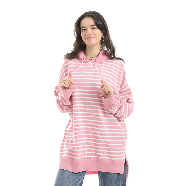 Stripped_Long_Sleeves_Hoodie_Rose_&_White_Multicolour