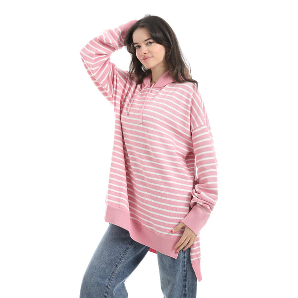 Stripped_Long_Sleeves_Hoodie_Rose_&_White_Multicolour