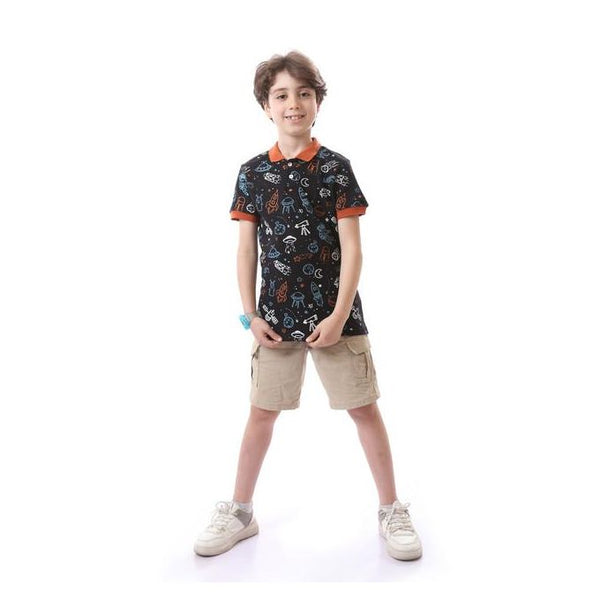 Boys Orange Ribbed Collar & Sleeves Black Polo Shirt