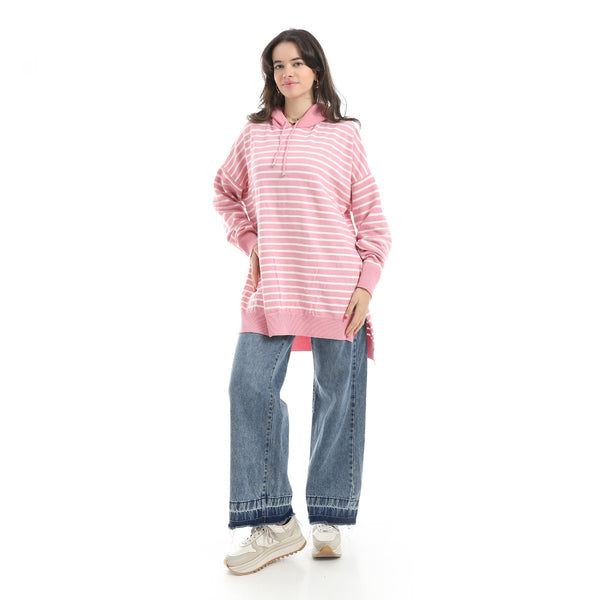 Stripped_Long_Sleeves_Hoodie_Rose_&_White_Multicolour