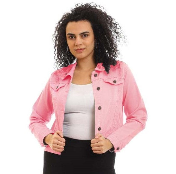 Casual Plain Buttoned Denim Dusty Rose Jacket