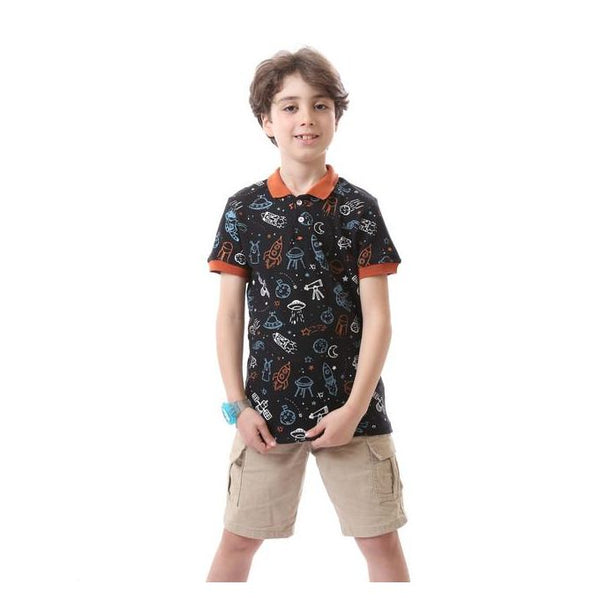 Boys Orange Ribbed Collar & Sleeves Black Polo Shirt
