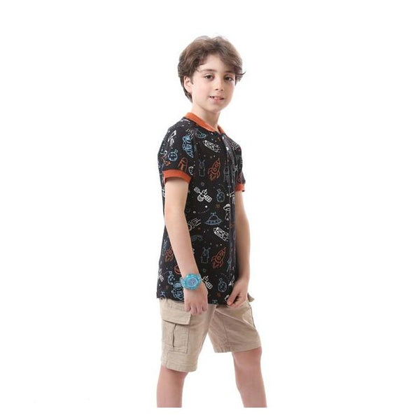 Boys Orange Ribbed Collar & Sleeves Black Polo Shirt