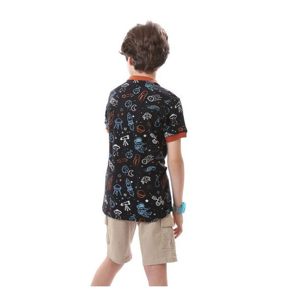 Boys Orange Ribbed Collar & Sleeves Black Polo Shirt