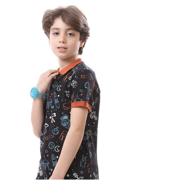 Boys Orange Ribbed Collar & Sleeves Black Polo Shirt