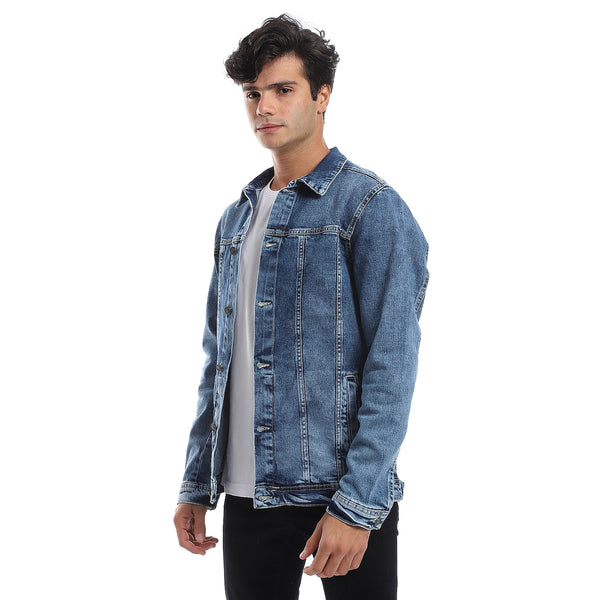 Full Buttoned Casual Denim Jacket -  Meduim Blue