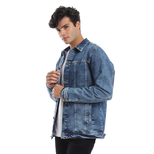 Full Buttoned Casual Denim Jacket -  Meduim Blue