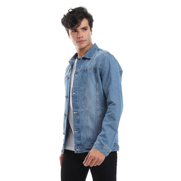 Full Buttoned Casual Denim Jacket -  Light Blue