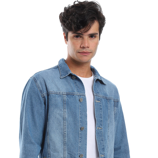 Full Buttoned Casual Denim Jacket -  Light Blue