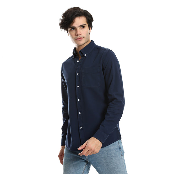Button Down Collar Long Sleeves Shirt - Navy Blue