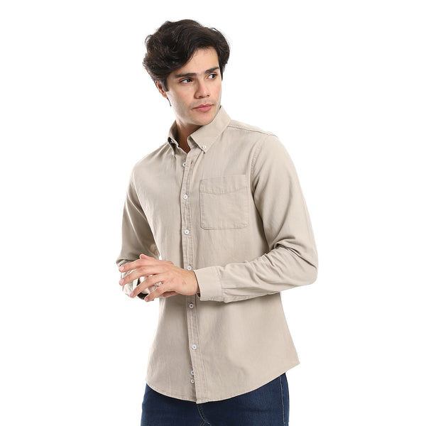 Button Down Collar Long Sleeves Shirt - Tan Beige