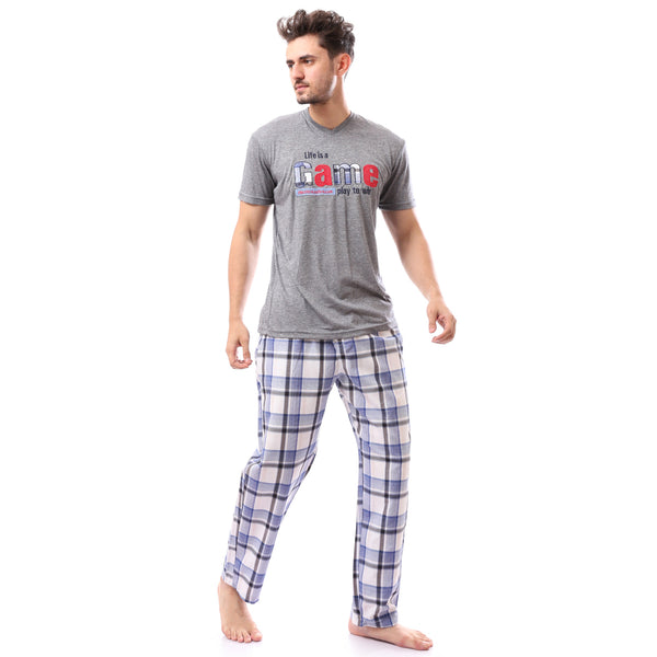Grey & Blue Patterned Slip On Pajama Set