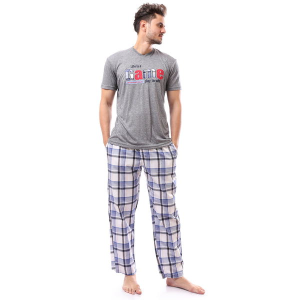 Grey & Blue Patterned Slip On Pajama Set