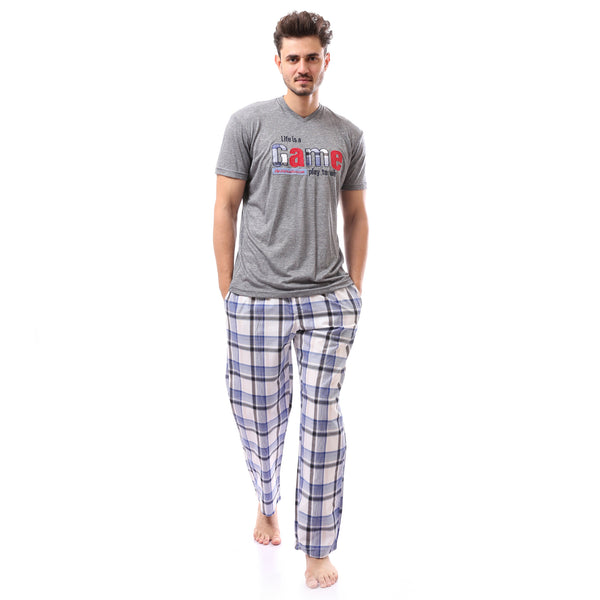 Grey & Blue Patterned Slip On Pajama Set