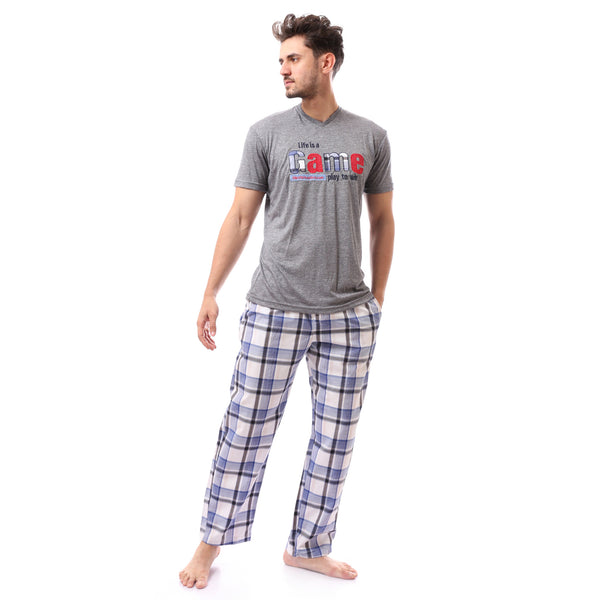 Grey & Blue Patterned Slip On Pajama Set