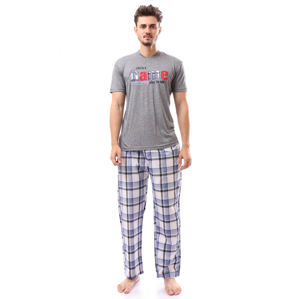 Grey & Blue Patterned Slip On Pajama Set